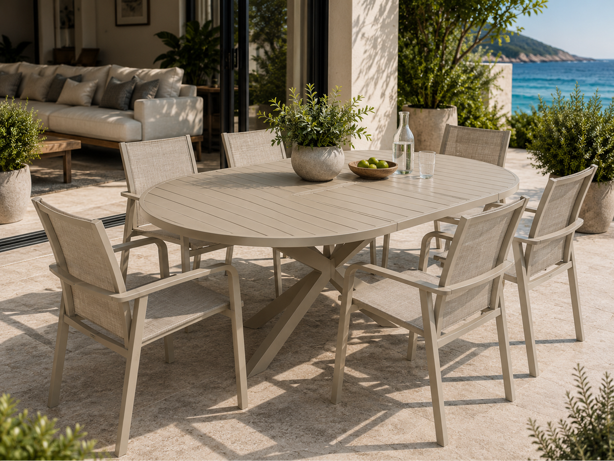 Table extérieure ronde extensible LIORA par Moss | Aluminium couleur sable