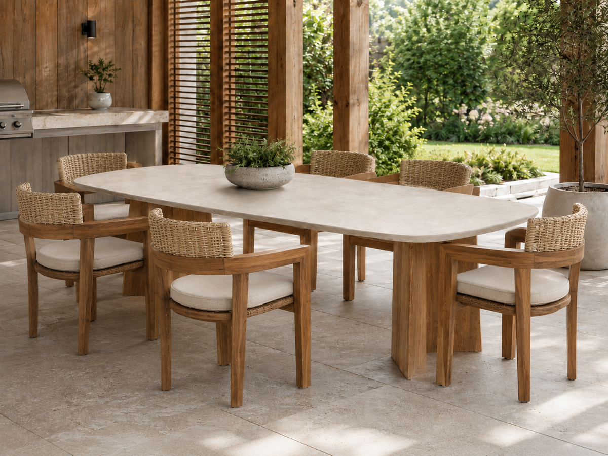 Nova 87 in Dining Table in Microcement and Teak – Atoll
