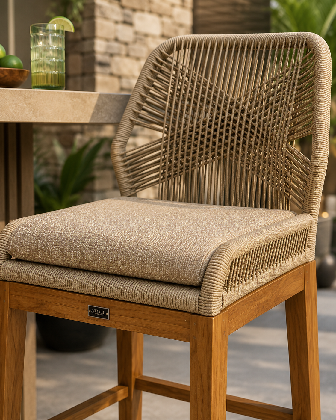Chaise haute Cayo 45 po par Atoll – Aluminium, cordage haut de gamme et teck d’Indonésie