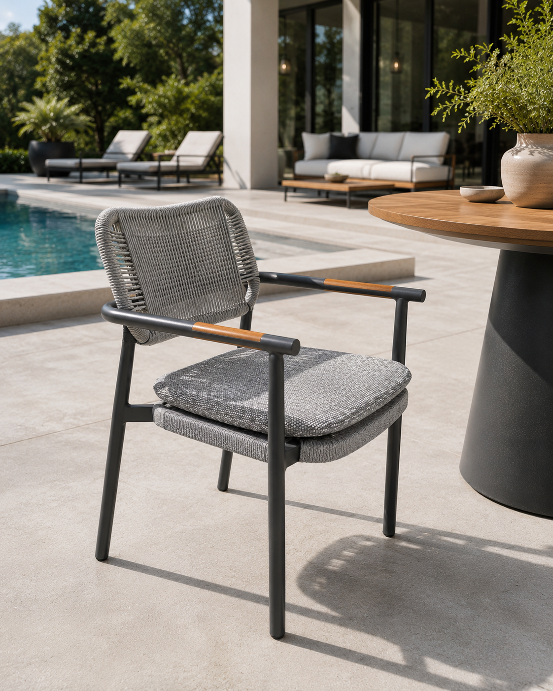 Chaise de salle à manger extérieure GALION par Atoll | Aluminium, cordage et accents de teck