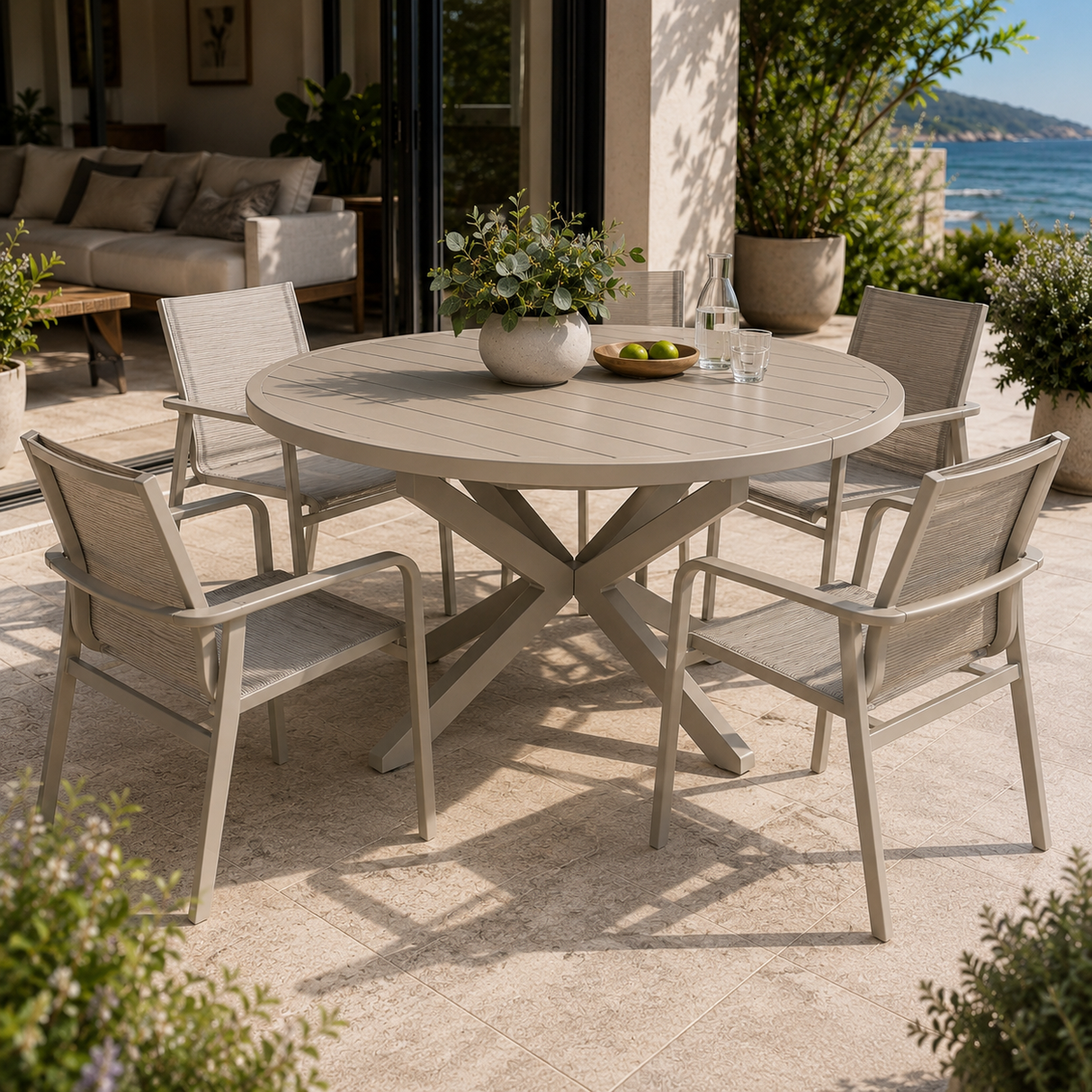 Table extérieure ronde extensible LIORA par Moss | Aluminium couleur sable
