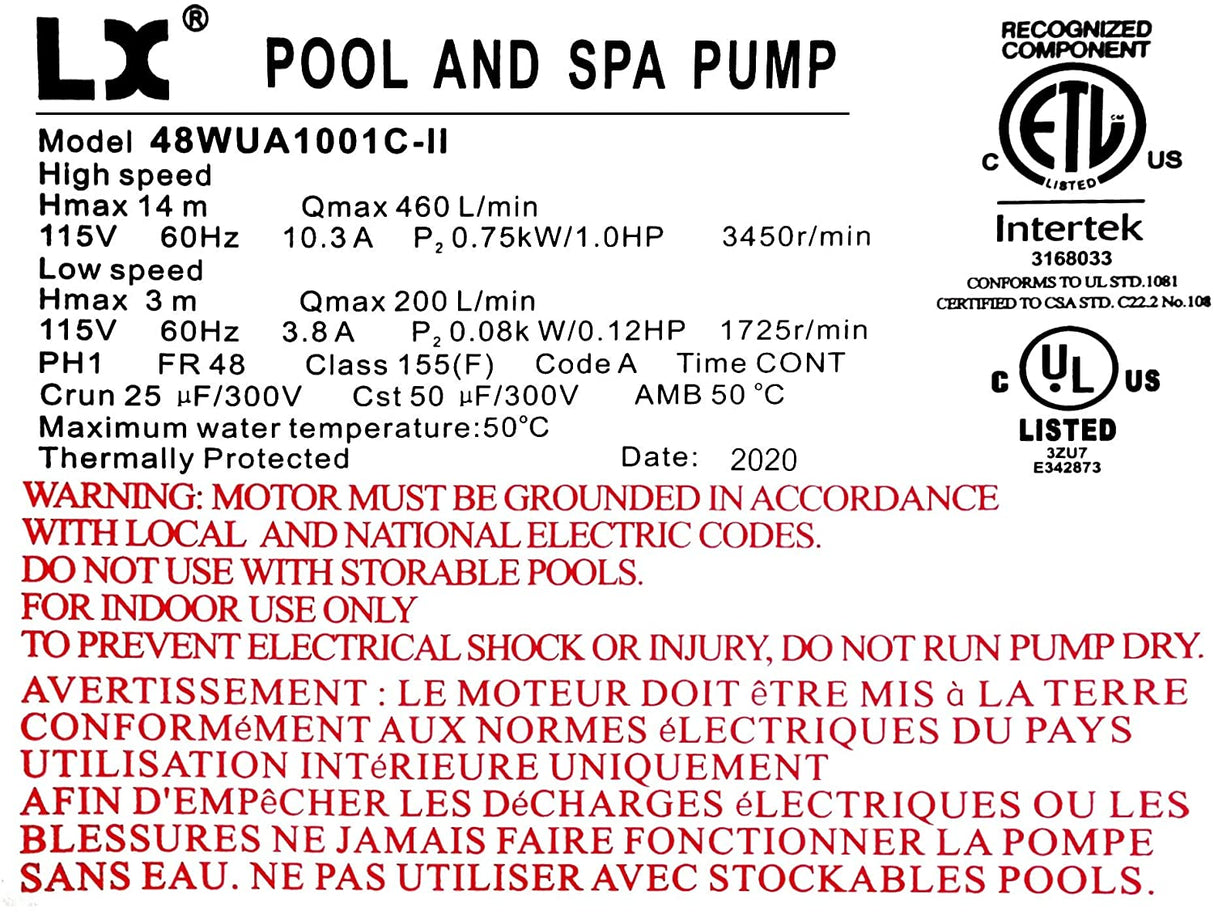 LX Pump 1HP 2-Speed 48WUA1001C-II 115V 48 Fr 2 Inch
