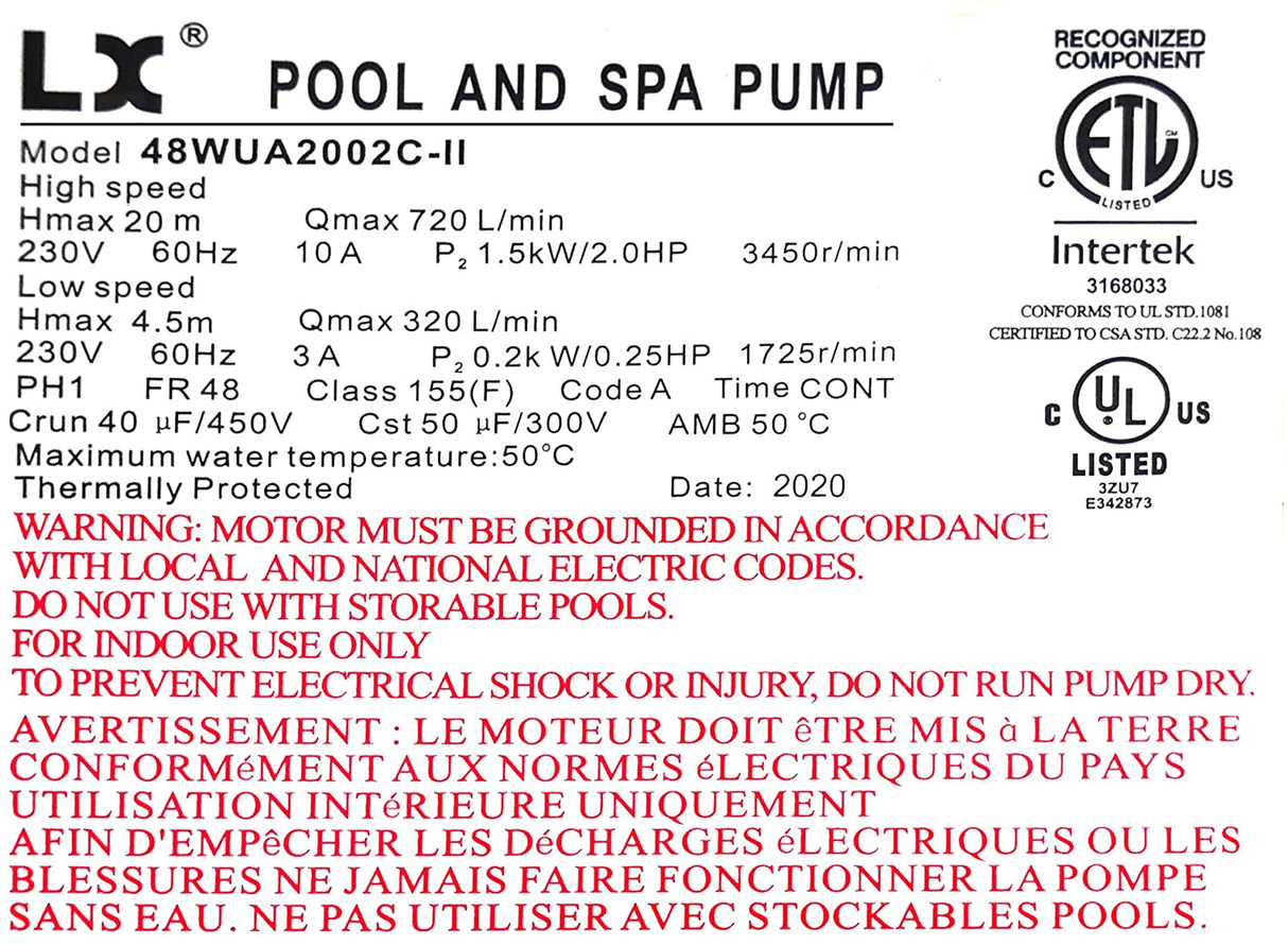 Pompe LX 2HP 2-Vitesses - Modèle 48WUA2002C-II